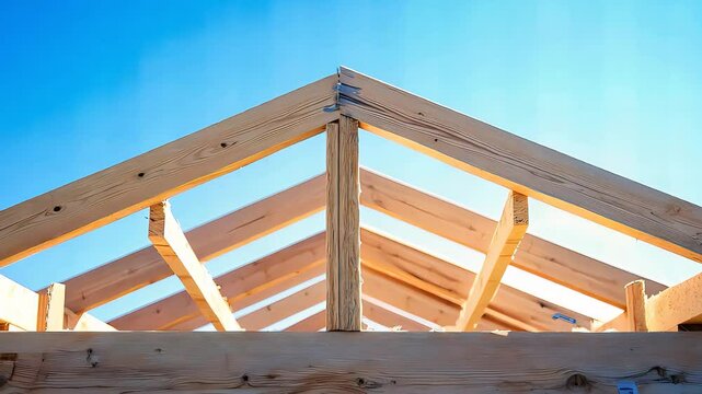 Wooden house roof framing under construction, structural building process with timber framework and bright sky in residential project