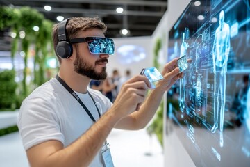 A futuristic business networking event, where participants interact through holograms, sharing digital business cards and portfolios in real time