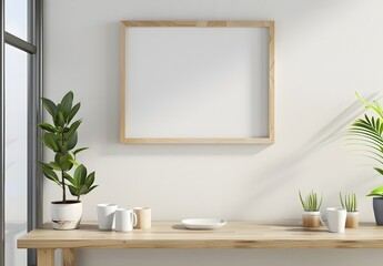 Minimalist Wooden Frame Mockup with Plants and Coffee Mugs