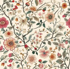 vintage-inspired floral pattern with intricate details, featuring an array of flowers in soft pastel colors