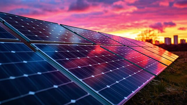 As the sun sets, solar panels absorb sunlight in a serene setting, showcasing the beauty of renewable energy technology and sustainable practices.