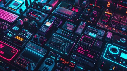 Fototapeta premium Cyber Week Online Sale Featuring Futuristic Electronic Gadgets with Vibrant Neon Colors