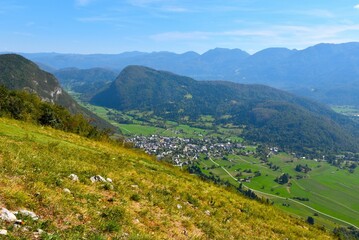 View of Stara Fužina village and Rudnica hill in Bohinj, Gorenjska, Slovenia
