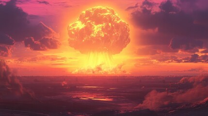 Fototapeta premium haunting aftermath of a nuclear explosion with a massive mushroom cloud looming over a desolate landscape eerie otherworldly light bathes the scene in surreal hues of orange and purple