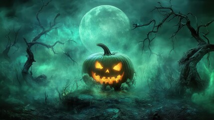 Fototapeta premium haunting jackolantern emitting eerie green mist twisted dead trees full moon backdrop