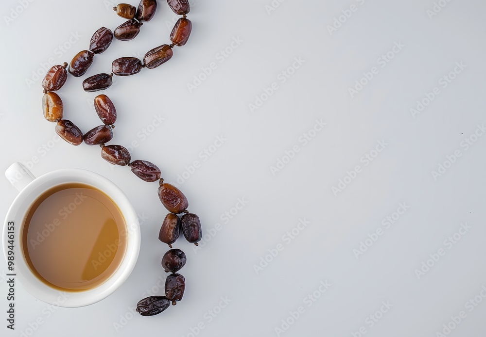 Poster Minimalist Flat Lay: Dates, Coffee, Rosary on White Background