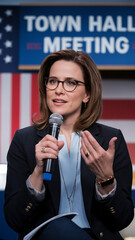 Passionate woman speaking at town hall meeting with American flag backdrop