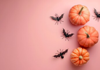 Minimalist Halloween Flat Lay with Pumpkins, Bats and Spiders