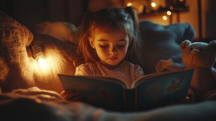 heartwarming scene of young girl engrossed in storybook cozy living room bathed in warm lamplight soft blanket and stuffed animals creating nurturing atmosphere