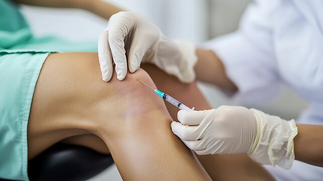 Woman Receiving Cortisone Injection in Knee at Orthopedic Clinic with White Gloves - Medical Procedure and Healthcare Concept