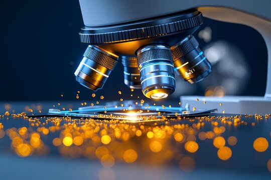 A hyper-realistic close-up of a microscope lens, showing every detail of the glass, reflections, and tiny particles on the slide