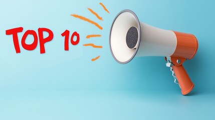 Megaphone announcing Top 10 list on a bright blue background, symbolizing communication, ranking, and important information sharing.