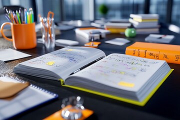 A hyper-realistic close-up of a studentâ€™s desk, covered with notes, textbooks, and highlighted passages, showing the depth of their study process