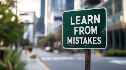 Motivational sign on city street with text 'Learn from Mistakes', emphasizing the importance of learning from errors in life.