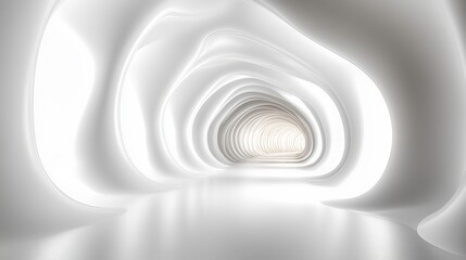 Fototapeta premium Sleek, futuristic white tunnel with smooth, flowing curves and soft lighting, creating a serene and minimalistic architectural space. Ideal for design concepts
