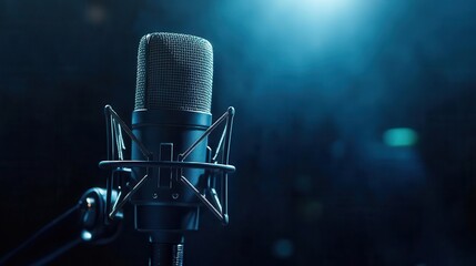 highend studio microphone suspended in dramatic lighting sleek metal surface gleams with professional quality ready to capture crystalclear audio