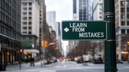 Obraz premium Urban street scene with a motivational sign that reads 'Learn from Mistakes', surrounded by tall city buildings.
