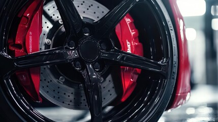 highperformance sports car wheel closeup carbon fiber details red brake caliper sleek tire tread dramatic lighting garage ambiance