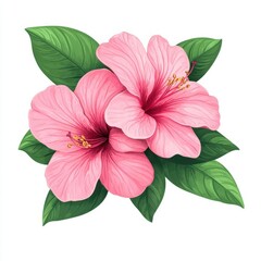 Vibrant pink hibiscus flowers with lush green leaves, perfect for tropical-themed designs and nature-inspired decor, white background