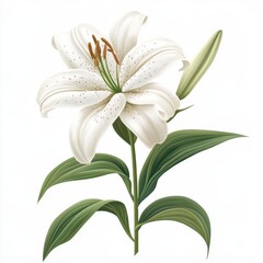 Fototapeta premium A beautiful white lily flower with green leaves, perfect for decor, gardening, or nature-themed projects, white background