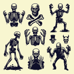 Zombie Skeleton Evil Walking Skull Icon set Collection, Halloween Festival