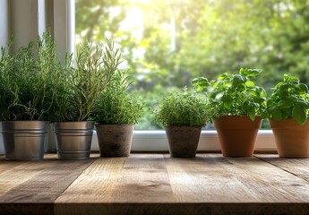 Fototapeta premium Wooden Countertop With Herbs And Garden View