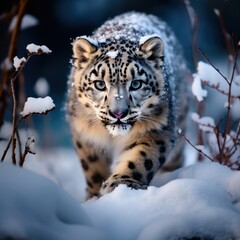 Fototapeta premium Snow leopard walking in winter landscape, AI Generation