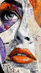 Art for Frame, Woman Face Painting on Newspaper Background, Abstract Image, Texture, Pattern Background, Wallpaper, Cover and Screen of Smartphone, PC, Laptop, 9:16 and 16:9 Format