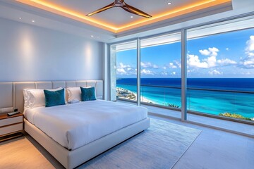 A luxury hotel suite with plush bedding, a private terrace, and a stunning ocean view, symbolizing exclusive comfort