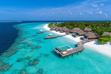 A luxury resort on a private island, with overwater villas and white sandy beaches, symbolizing ultimate relaxation and privacy