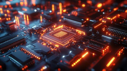 Obraz premium hyperdetailed closeup of a futuristic processor featuring intricate circuitry pulsing with neon energy and reflecting chrome surfaces in a moody cinematic lighting setup