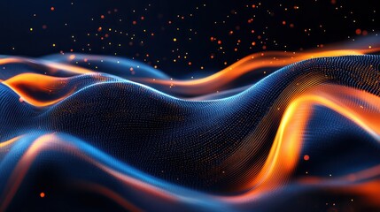 Abstract dark background with orange and blue waves of digital data flowing in the style of light black and navy blue, futuristic network technology concept