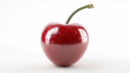 hyperrealistic 3d rendering of a plump glossy cherry vibrant red skin with lifelike texture and a perfectly modeled stem against a pure white background