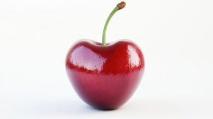 hyperrealistic 3d rendering of a plump glossy cherry vibrant red skin with lifelike texture and a perfectly modeled stem against a pure white background
