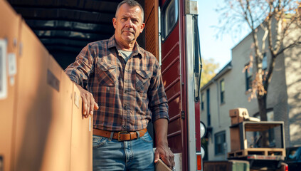 A man standing in front of a moving truck