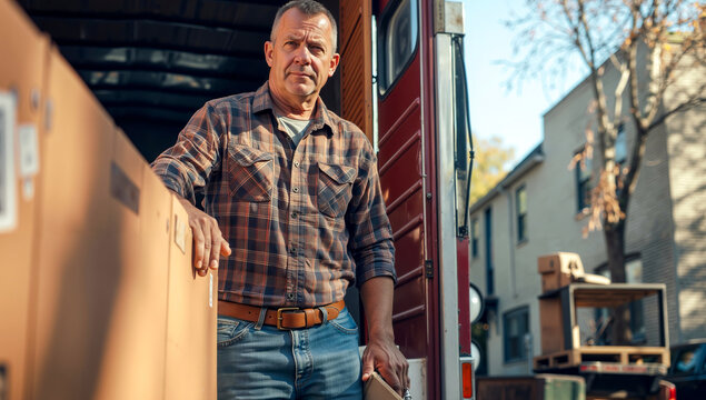 A man standing in front of a moving truck