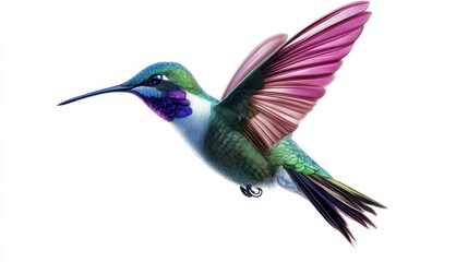 Obraz premium hyperrealistic digital painting of an iridescent hummingbird midflight wings blurred with motion hovering against a pristine white background with incredible detail