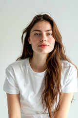 Fototapeta premium A woman with long brown hair wearing a white shirt