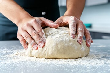 A person kneading dough on a floured countertop, with hands pressing and shaping the dough for homemade bread