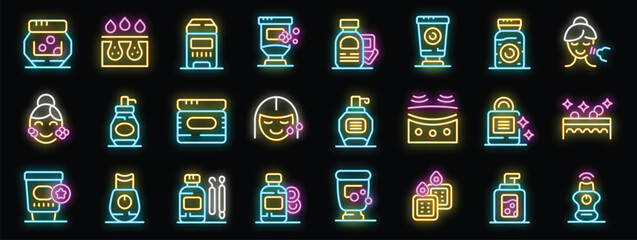 Woman applying face cream and other cosmetic products neon icons set, glowing signs collection