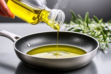 A person pouring olive oil into a frying pan, with the oil shimmering and getting ready for cooking