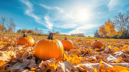 idyllic autumn scene sundappled pumpkin patch with vibrant orange gourds nestled among golden leaves crisp blue sky overhead