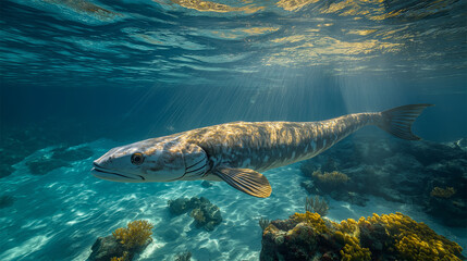 Endangered Florida guitarfish swimming in crystal clear water with coral reefs  
