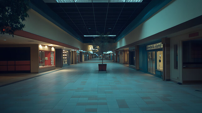 An abandoned American suburban mall hallways dark and storefronts shuttered with only a few flickering lights.
