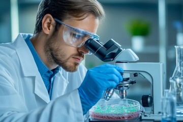 A researcher examining a petri dish under a microscope, studying bacteria or cells with intense focus