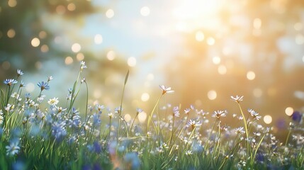 idyllic summer landscape with hyperrealistic grass blades and wildflowers in foreground dreamy bokeh sky with lens flare creates a nostalgic atmosphere