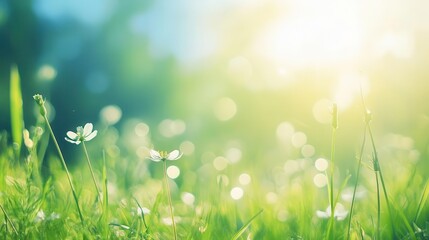 Obraz premium idyllic spring meadow with soft focus effect transitioning from clear blue sky to lush green grass sunlight bathes the scene in a warm dreamy glow