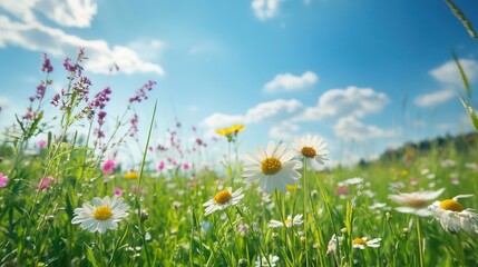 idyllic summer landscape with vibrant green meadow under clear blue sky soft focus on wildflowers in foreground creates depth and enhances the serene pastoral atmosphere