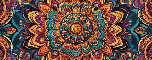 Fototapeta premium Vibrant mandala design in orange and blue colors, intricate patterns, detailed artwork on a dark background.