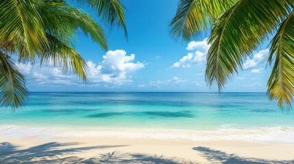 idyllic tropical beach with crystalclear turquoise waters lapping at pristine white sand lush palm trees sway gently in the breeze framing a view of the endless horizon